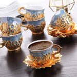 LaModaHome Espresso Coffee Cups with Saucers Set of 6, Porcelain Turkish Arabic Greek Coffee Cup and Gold Saucer, Coffee Cup for Women, Men, Adults, Guests, New Home Wedding Gifts