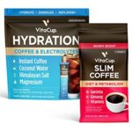 VitaCup Hydration Instant Coffee Sticks w/Electrolytes, Coconut Water, Medium Roast 18ct & Slim Ground Coffee Sticks w/Garcinia, Ginseng, B Vitamins, Medium Dark Roast, 11oz bag